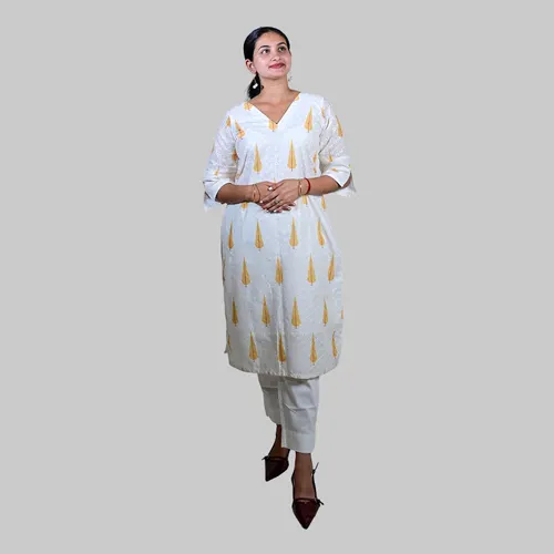 White with yellow hand block kurti